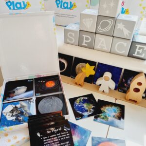 Space play set up with Teddö Play learning cards set
